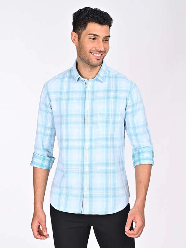 Indian Terrain Men's Regular Fit Full Sleeve Checkered Green Shirt